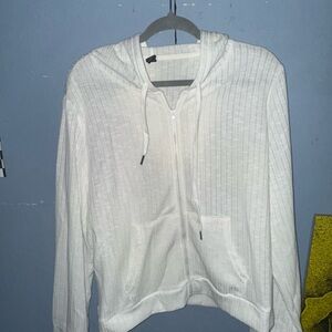 White Relaxed Ribbed Hoodie Sweatshirt